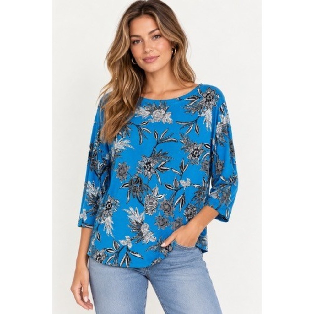 J. Jill Wearever Teal Blue Floral Boat Neck 3/4 Sleeve Knit Top Medium